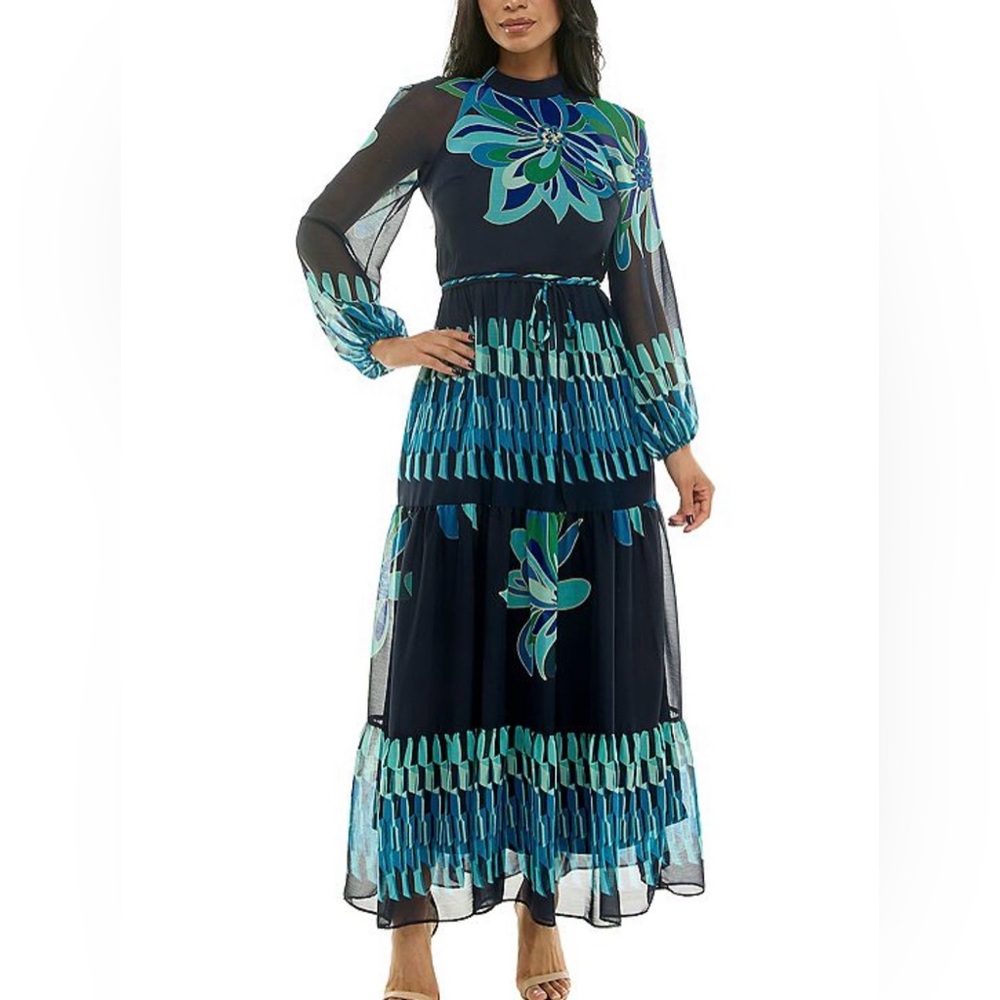 Maison Tara Navy, Blue, Aqua Floral Long Sleeve Dress, NWT, Sz. 10